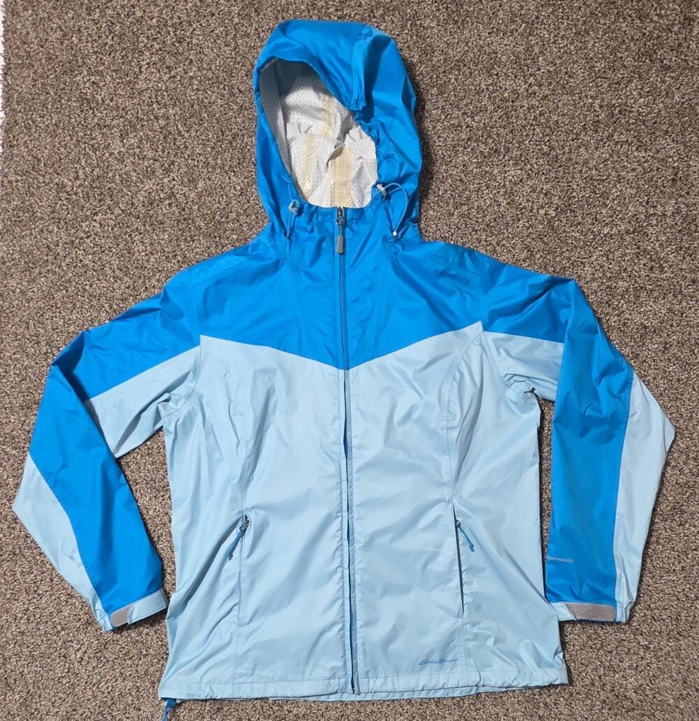 Eddie Bauer Sz L Womens Blue FullZip Hooded Rain Wind breaker Jacket WEATHEREDGE